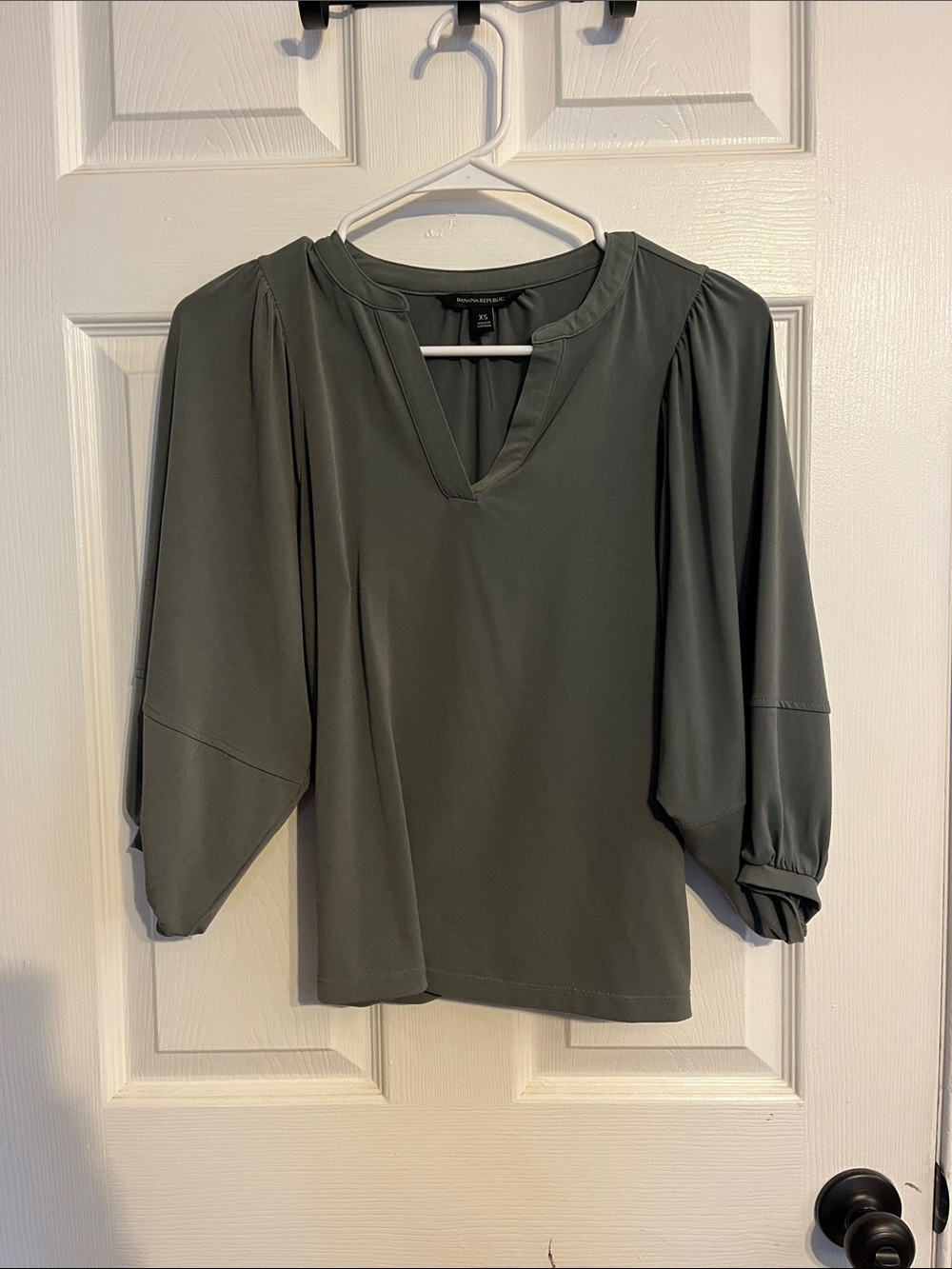 Banana Republic Olive Green Split V-Neck Blouse with Balloon Sleeves
